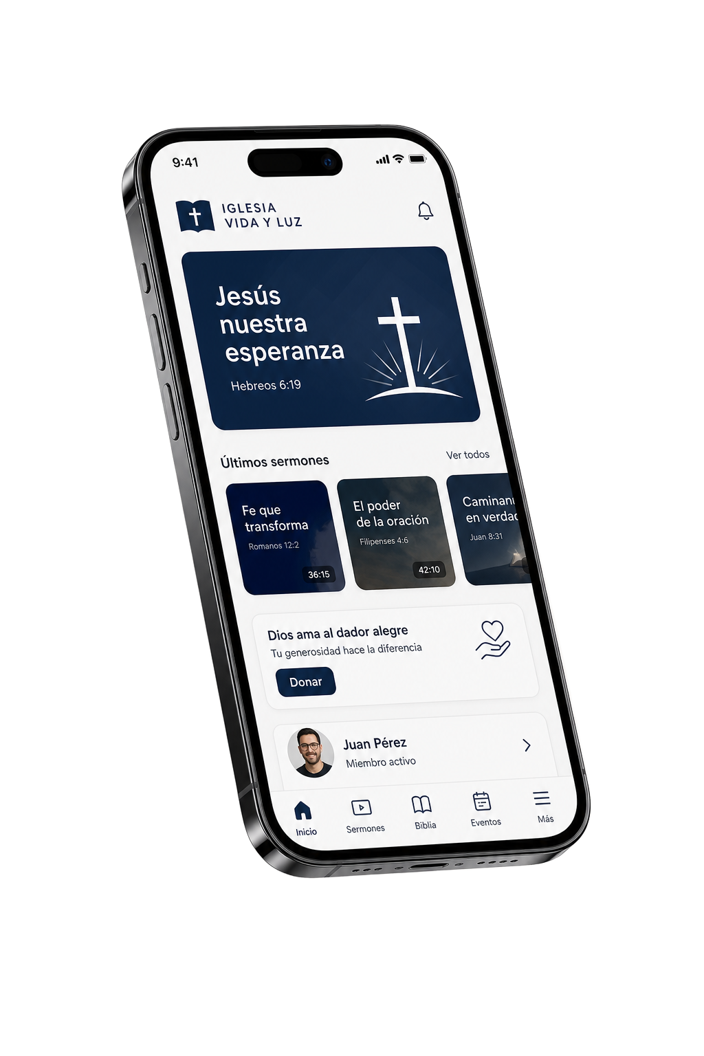 App móvil de IglesiaDigital en un iPhone mostrando sermones, eventos y donaciones